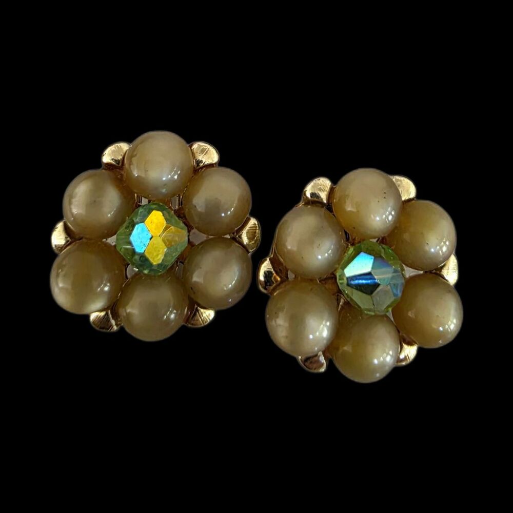 Vintage 1950s Clip On Earrings Honey Moonglow Bead Cluster Green AB Rhinestone